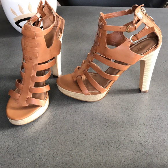 Guess leather Gwedelina woven heel tan heel sandal